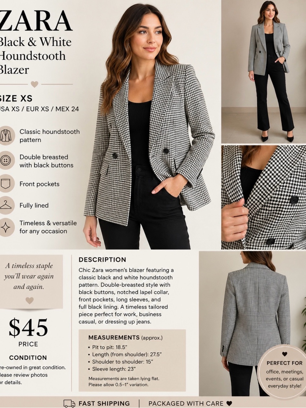 Zara Women’s Black & White Houndstooth Double Breasted Blazer Size XS